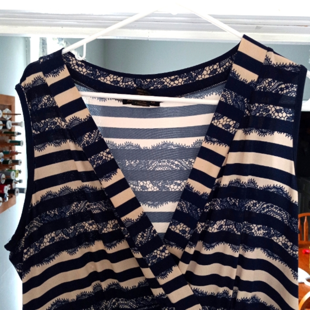 Womens Summer Navy Blue White Striped Floral Maxi Dress Vneck Susan Lawrence 1X